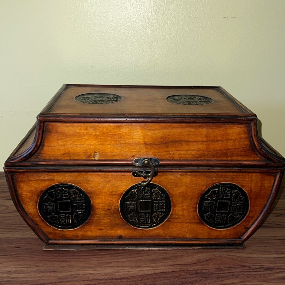 Asian Stamped Velvet Lined Wood Chest Decor